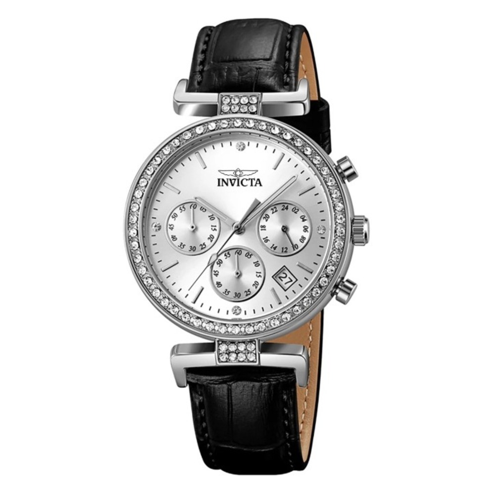 Invicta Celestial Women's 38mm Silver Crystal Bezel Black Leather Quartz Watch